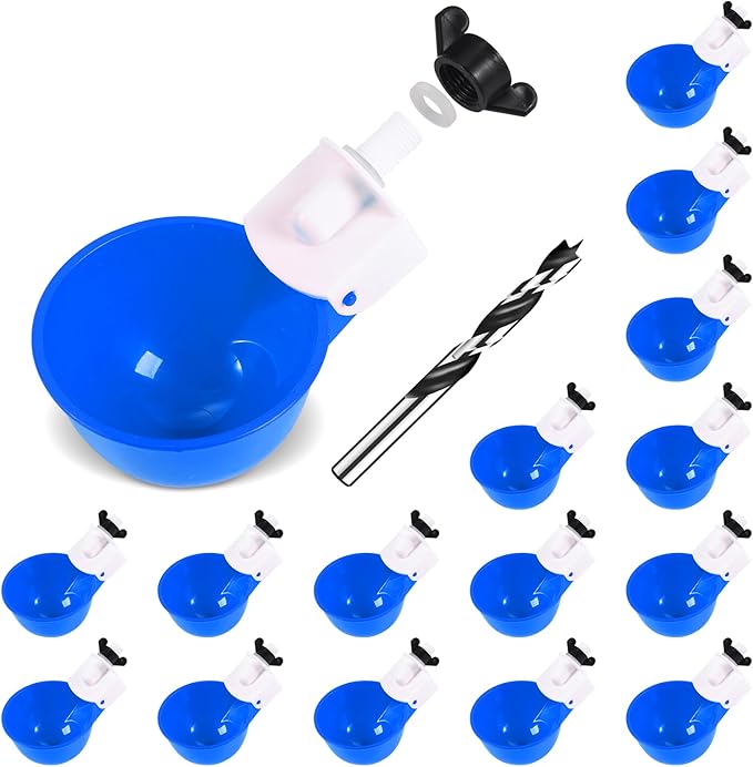 Chicken Waterer Cups (16 Pack/Blue) - DIY Automatic Large Chicken Water Feeder for Ducks Quail and Various Poultry Dispenser with Matching Drill, Double Rubber Ring, Not Leaking Wate