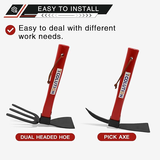 4-Pcs Gardening Tool Set – Pick Axe, Hoe, Hand Tiller & Garden Rake with 10.6" Wooden Handles, DIY Assembly Required, Garden Tools for Digging, Soil Loosening, Weeding & Cultivating