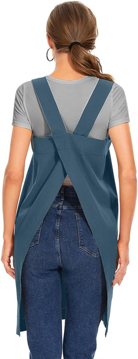 Larmliss Women's Cotton Cross Back Apron Pinafore Dress with Big Pockets Loose Square Apron for Baking Cooking Gardening