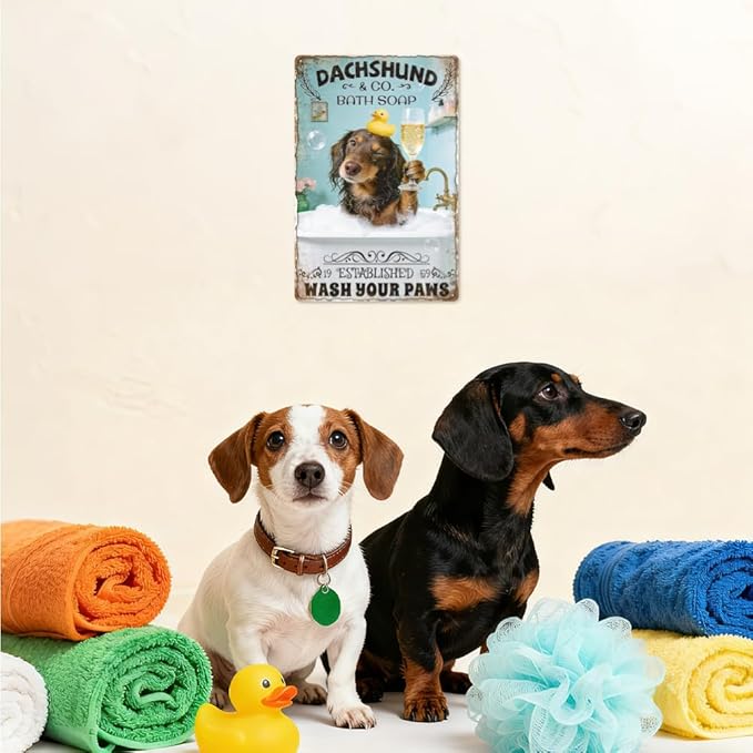 WADORN Funny Dachshund Metal Signs, 8x12 Inch Dachshund Company Bath Soap Always Wash Your Weiner Retro Tin Sign Vintage Wall Decor Art Plaque for Bathroom Toilet Restroom Shower Room Washroom
