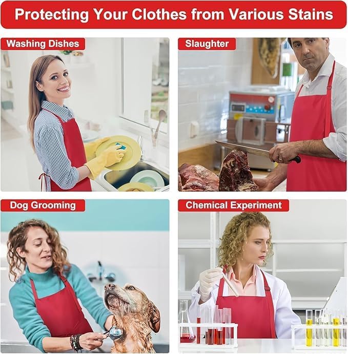 3-Layer Waterproof Apron - Pocket-Free Hygienic Design for Dishwashing & Dog Grooming - Lightweight Durable Protection for messy Kitchen Cooking, Baking, for Men & Women (2 Pack,Red)