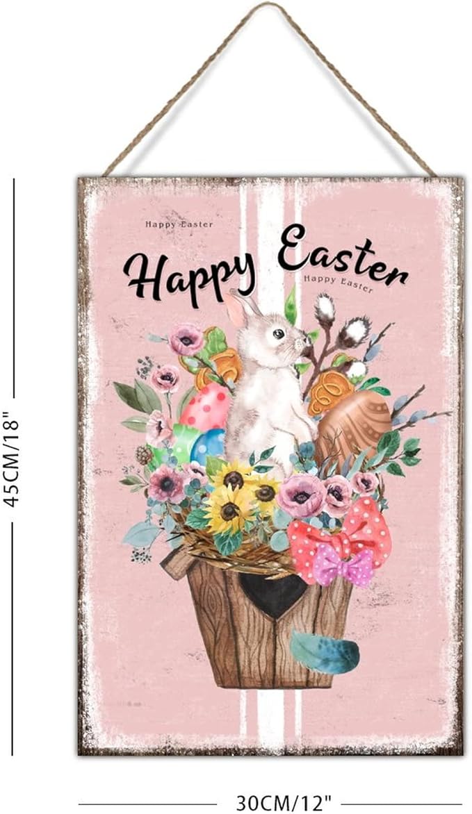 Wood Wall Plaque French Style Floral Pink Stripes Sign Happy Easter Flower Basket Bunny Wood Signs Wall Decor Bunny Rabbit Happy Easter Rustic Signs for Living Room 12x18in