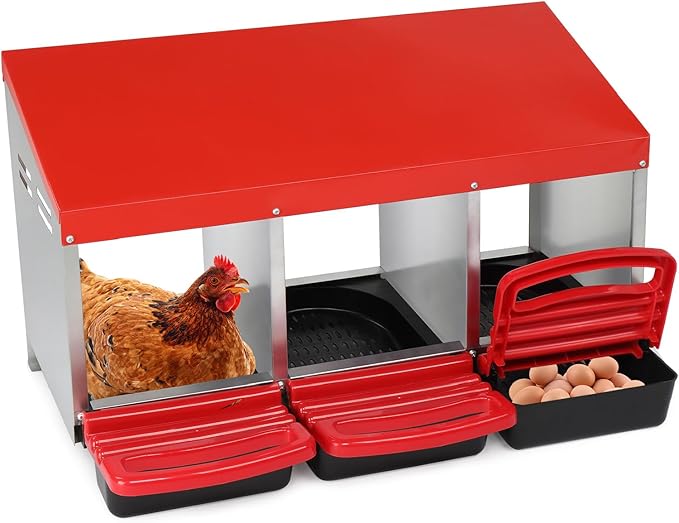 Chicken Nesting Boxes Plastic with Roll Away Egg,3 Compartment Roll Out Chicken Nest Box Egg Laying Box with Lid Cover,Rolling Egg Collection & Protection Chicken Coop for Up to 3 Hens,Red