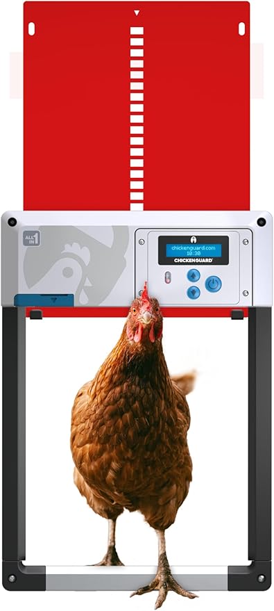 Automatic Chicken Coop Door Opener, ChickenGuard One in All 4 Colours, Timer/Light Sensing, Winter Mode, Auto-Stop & Predator Proof, 3 Power Options, Solar, Battery or Electric (Red + Batteries)