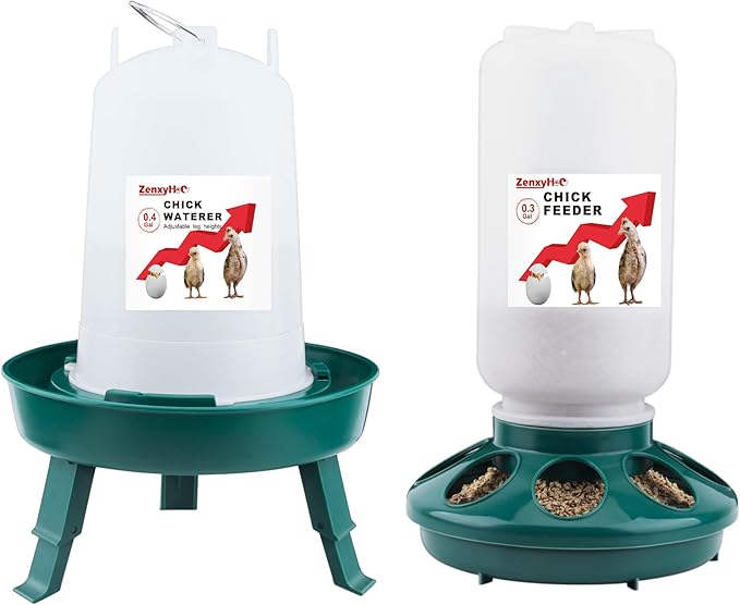 2-in-1 Chick Starter Set: 0.3 Gal Feeder & 0.4 Gal Waterer with Adjustable Legs for Baby Chicks, Hanging Hooks, Anti-Drown Design - BPA-Free Plastic (Green)