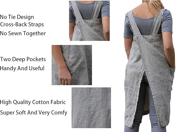 Women's Pinafore Apron Cross Back Apron with Pockets Cotton Linen Apron Dress Plus Size