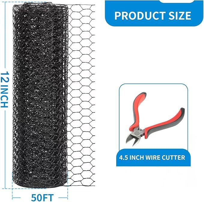12'' x 50' Black Chicken Wire Fencing, 1 inch Chicken Wire and 19 Gauge Poultry Netting, Garden Mesh Fence Roll for Floral Arrangements/Crafts/Farm/Livestock/Pet Protection
