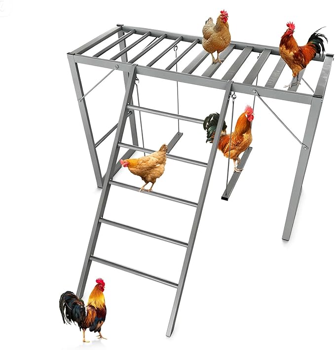 Heavy Duty Metal Chicken Perch with Swing & Ladder - Multi-Level Roosting Bars for 8-10 Chickens - Exercise Playground & Coop Accessory - Silver-Gray