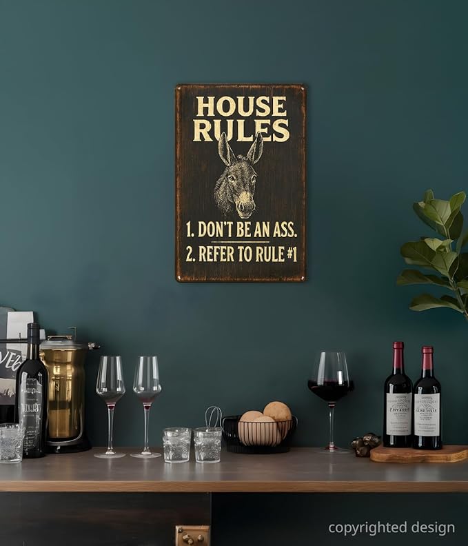 Funny Bar Signs for Home Bar Decor, Vintage Man Cave Wall Decor, Metal House Rules "Don't Be An Ass" Sign, Cool Things for Your Bar, Game Room, Garage, Kitchen, Bar Gifts for Men - 8x12 Inch