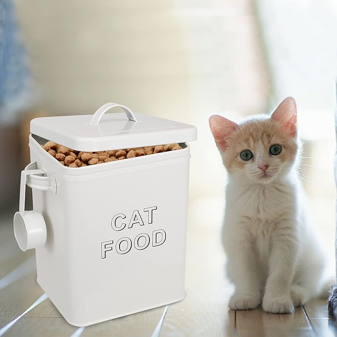 Cat Food Storage Container Farmhouse Pet Food Storage Containers with Lid and Scoop, Perfect Vintage Durable Canister Treats Tin for Kitchen Countertop, Shelf, Great Gift for Pet Owners - Cat Food