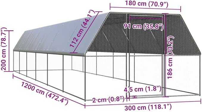 Silver Chicken Cage Outdoor Galvanized Steel Walk in Coop 118.1 x 472.4 x 78.7 in Weatherproof Run for Backyard Hens Secure Pen for Garden and Farm
