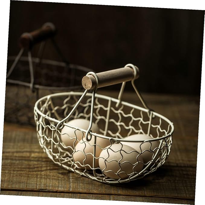 2pcs Retro Farmhouse Style Storage Baskets with Wooden Handles, Vintage Metal Wire Fruit and Vegetable Organizer for Kitchen Pantry, Snack and Egg Holder Set