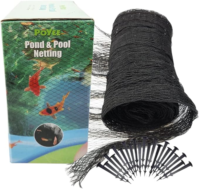 10x30ft Pond Netting for Leaves Leaf Net Cover Pond Net with Small Fine Mesh Protecting Koi Fish from Birds Cats Stakes Included