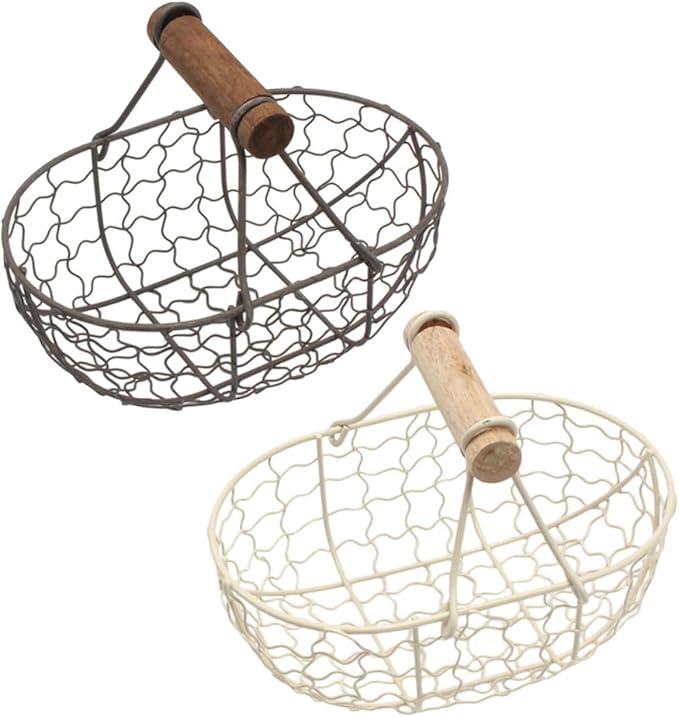 VICASKY 2pcs Retro Vintage Wire Storage Baskets with Wooden Handles, Farmhouse Style Metal Fruit and Egg Collecting Basket Set for Kitchen and Household Organization