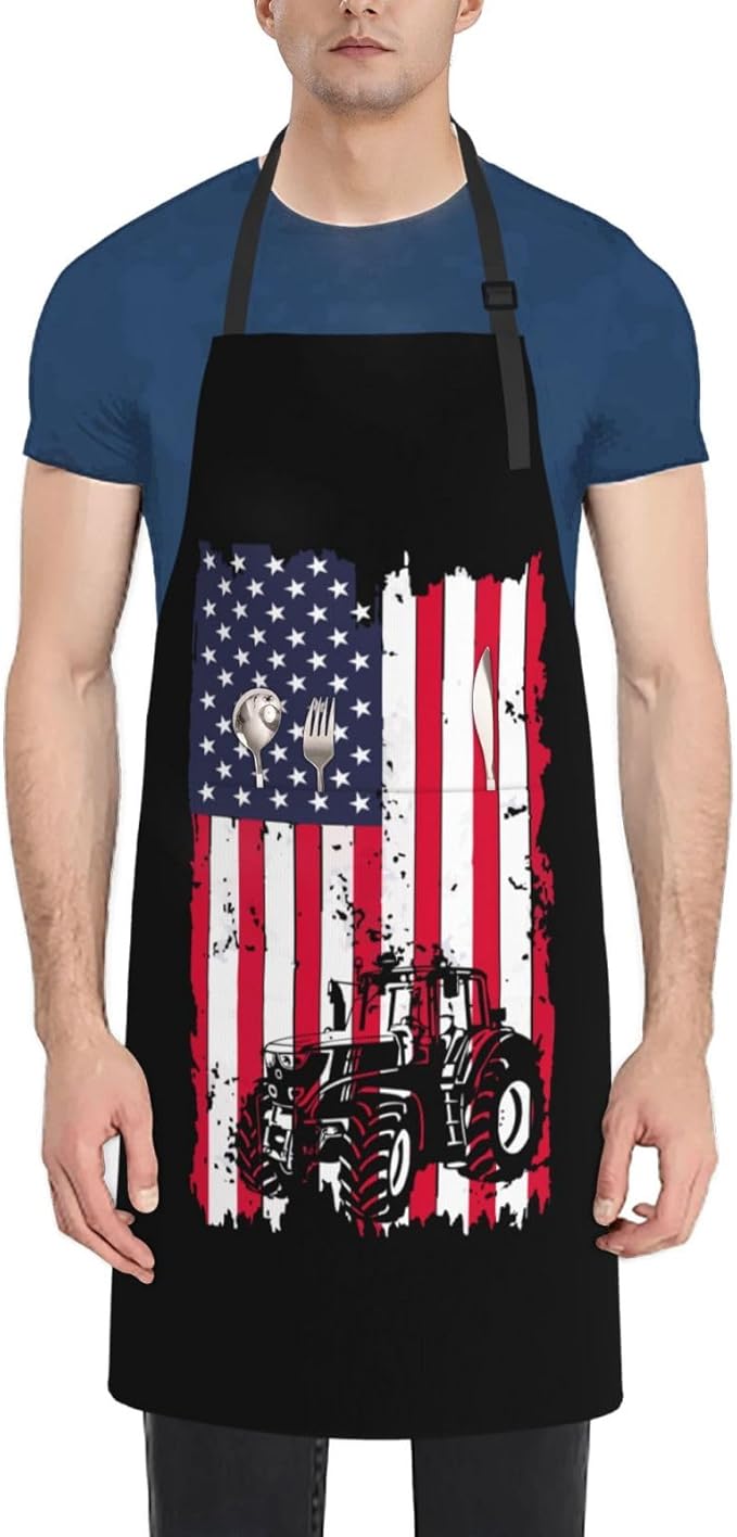 Distressed Flag Tractor Aprons With Pockets Men Women Waterproof Adjustable Bib Apron Kitchen Gardening Salon Aprons For Cooking