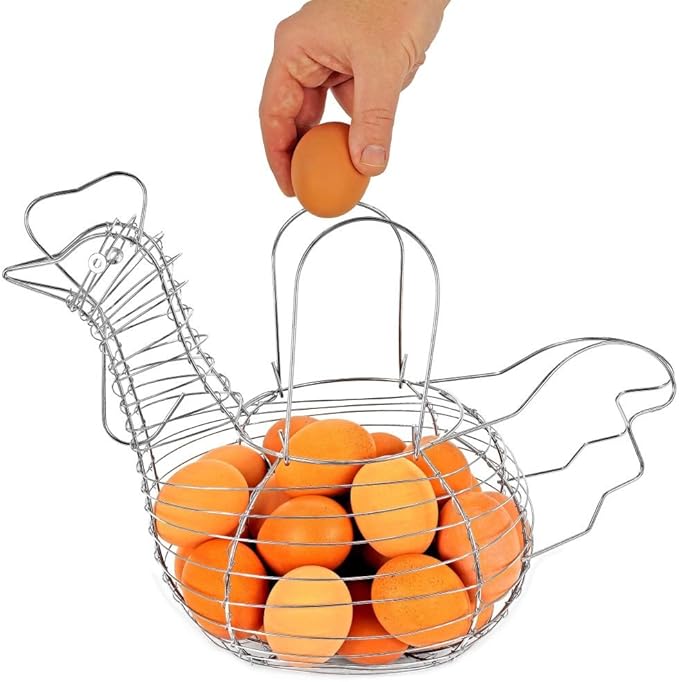 Chicken Shaped Egg Collection Basket - Wire Farmhouse Style Storage, Chrome Egg Holder for Kitchen Organization