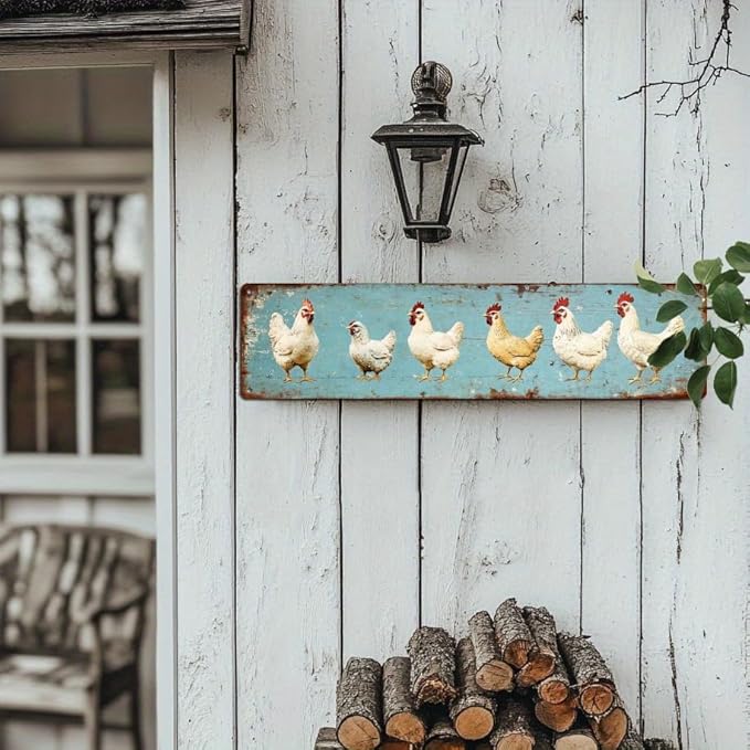 Rustic Farm Chickens Metal Tin Sign Vintage Wall Decor for Kitchen Farmhouse Living Room Entryway Home Decor 4x16 Inch