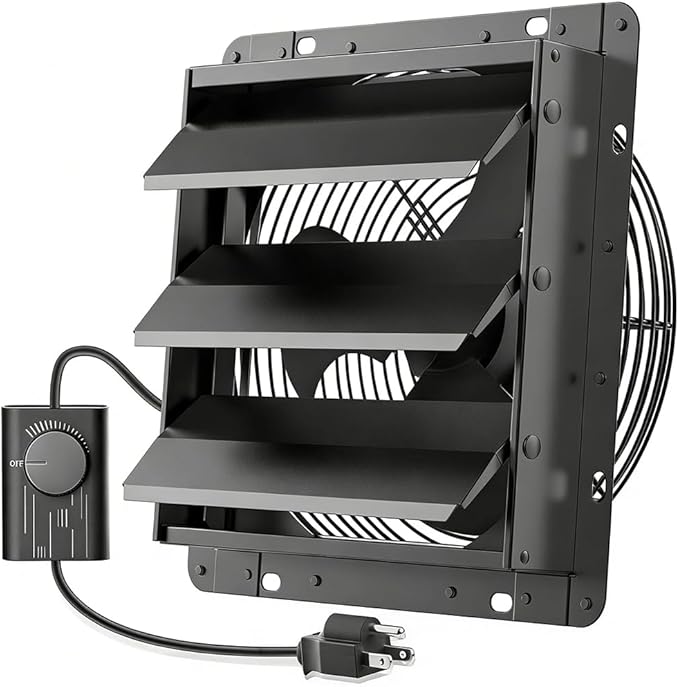 HG Power 12 Inch Shutter Exhaust Fan with Speed Controller, 764CFM High-Speed Vent Fan, 1400RPM Wall Mounted Attic Fan for Shed, Garage, Greenhouse Ventilation, Black