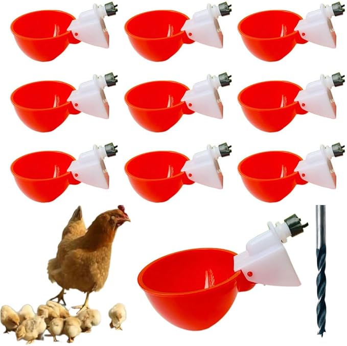 Poultry Waterer Cups 10 Packs Chicken Water Cups for PVC with Tee Automatic Chicken Waterer Kit for Poultry Chicks Duck Goose Turkey Bird and Bunny with Mounting Hole Opener (Red)