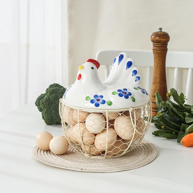 Decorative Egg Basket for Counter,Ceramic Chicken Lid with Wire Basket, Holds 20-25 Eggs