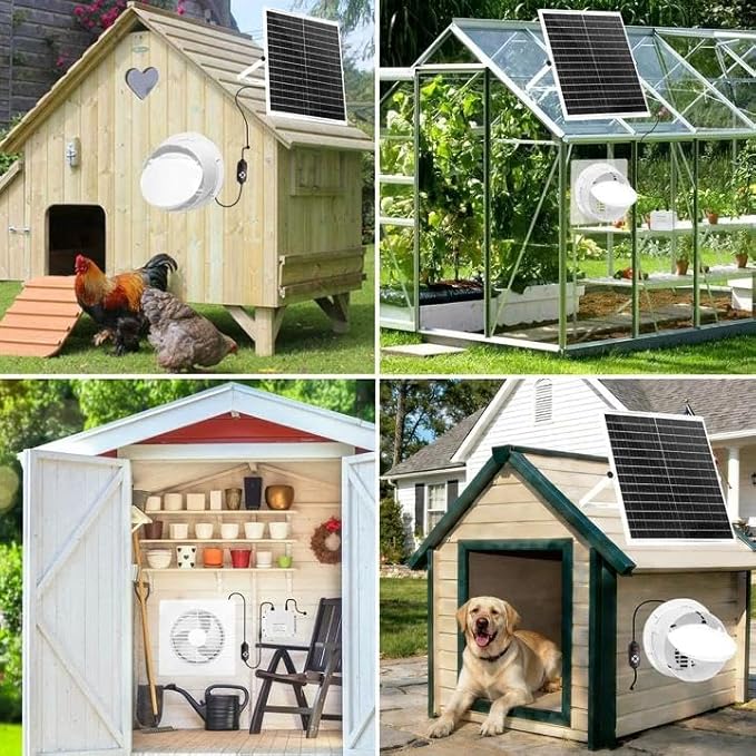 Solar Powered Fan with 24000mAh Battery Run Day/Night, 25W 9.8" Solar Fan for Chicken Coop Waterproof Solar Greenhouse Fan for Shed, Chicken Coop, Greenhouse