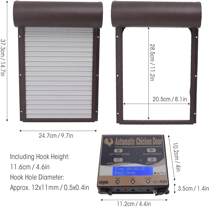 Automatic Solar Powered Chicken Coop Door with Light Sensing and Timer, Metal Iron Auto Chicken House Protection Door for Duck Goose, Remote Control, with LED Clear Dosplay (Brown)
