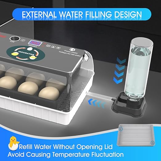 12 Egg Incubator - Automatic Egg Turner, Temperature Control, Built-in Candler, Auto Water Refill for Hatching Chicken, Duck, Quail & Bird Eggs