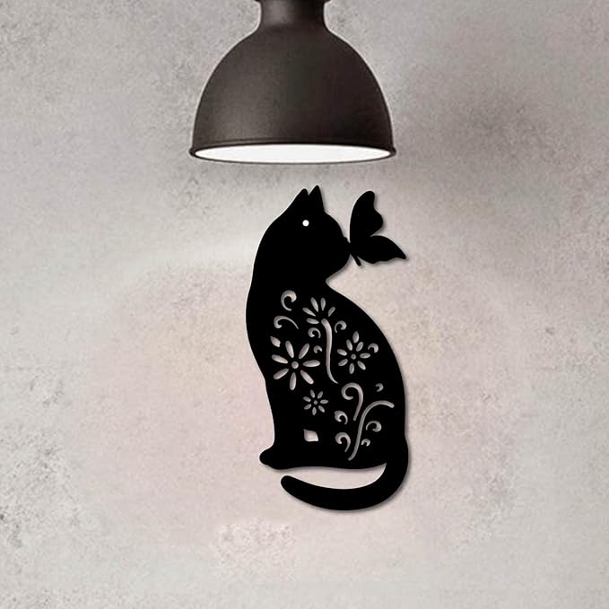 CREATCABIN Cat Metal Wall Art Animal Butterfly Decor Wall Hanging Silhouette Sculpture Ornaments Iron Sign for Indoor Outdoor Home Living Room Kitchen Garden Office Decoration Gift Black 12 x 6 Inch