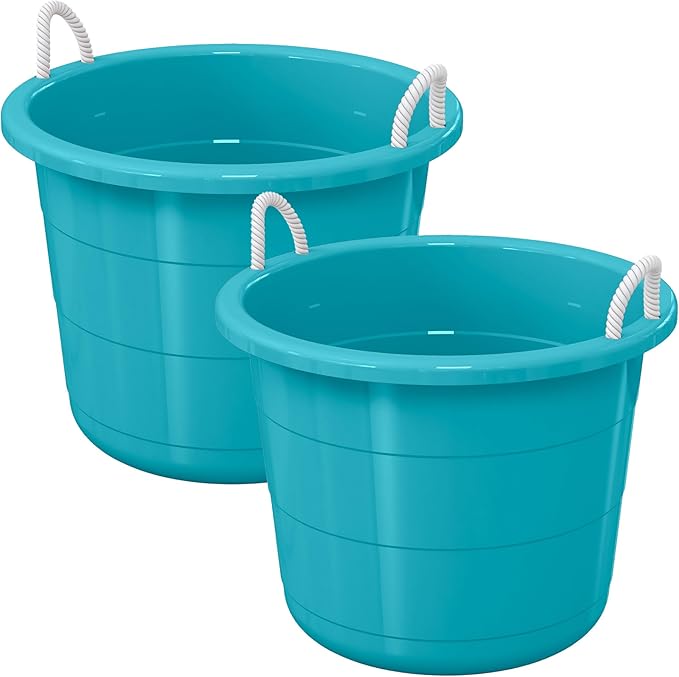 Life Story Open Storage Bucket, Round Plastic Container with Rope Handles, 17 Gallon, Teal, 2 Pack