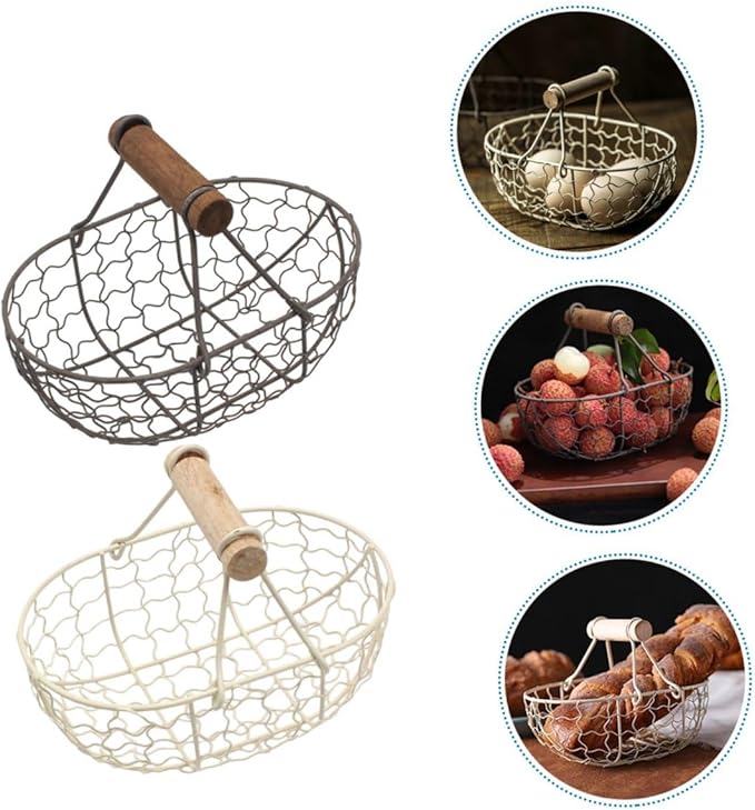 2pcs Retro Farmhouse Style Storage Baskets with Wooden Handles, Vintage Metal Wire Fruit and Vegetable Organizer for Kitchen Pantry, Snack and Egg Holder Set