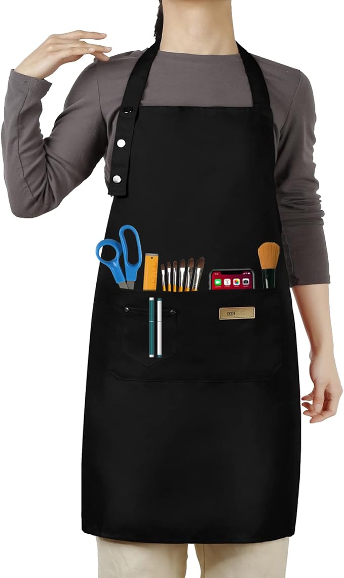 Adjustable Button Apron for Women Men Artist Painting Pottery Garden Cooking Kitchen Chef 3 Pockets Waterproof M-XXL