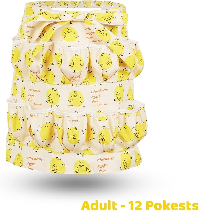 Egg Apron for Kid and Adult, Deep Pockets with Elastic Closures, Fresh Egg Collecting Gathering Holding Apron