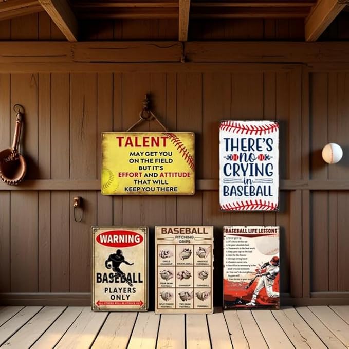 5 Pack Baseball Decor For Boys Room Vintage Baseball Tin Sign Baseball Stuff Accessories Wall Art Decor Posters Baseball Themed Party Decoration Motivational Quote Gifts Cool Boy Bedroom Decor 8x12 In