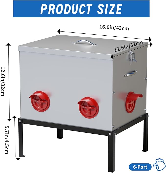 50LB Large Automatic Chicken Feeder,6 Port Large Metal Chicken Feeders,with Raise The Base Frame,Waterproof Galvanized Steel Poultry Feeder with Locking Lid for Chicken Coop