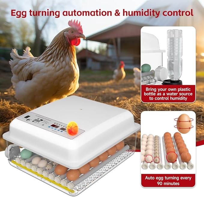 36 Egg Incubator with Auto Turner Humidity Monitor,Incubators for Chicken Duck Goose Pigeon – Digital Temperature Control, Built-in Egg Candler – Ideal for Home Farm Industrial Use (White)
