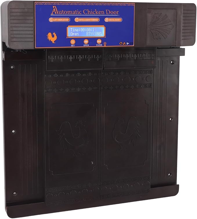Automatic Chicken Coop Door Opener with Timer, Solar Battery Powered LED Display Double Door Electric Chicken Door for Chickens Ducks Geese, IP45 (Dark Brown)