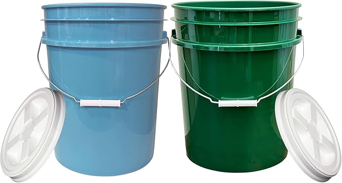 House Naturals 5 Gallon Food Grade BPA Free Bucket Pail with Air Tight Double Gasket Screw on Lid (Pack of 2) Light Blue and Green containers with White lids
