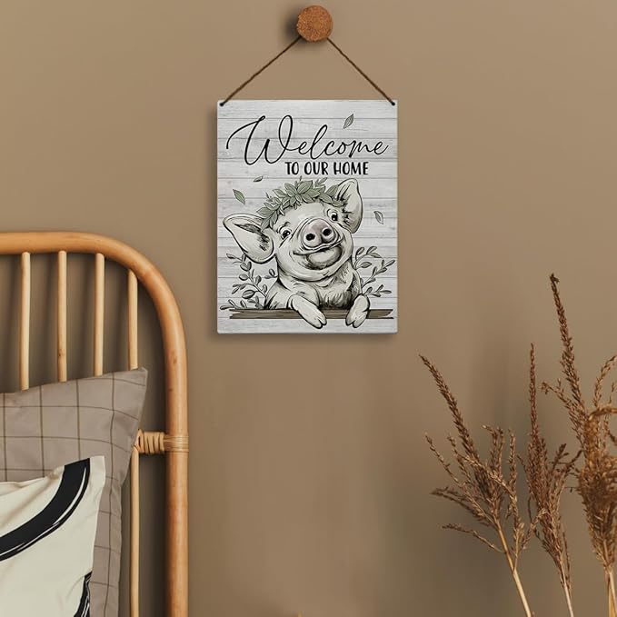 Welcome Sign for Front Door - Farmhouse Decor, Pig Decor,Welcome to Our Home Wood Hanging Front Door Porch Sign, Front Door Welcome Sign, 8x10 Inch