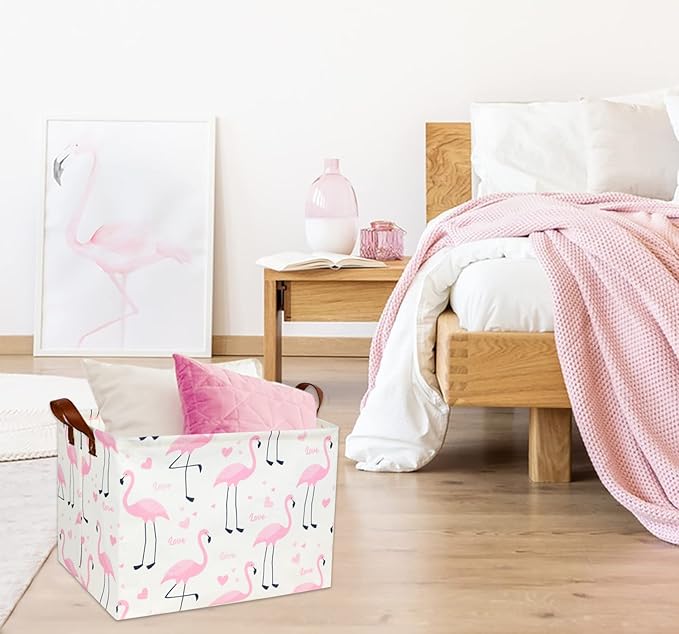 Flamingo Pink Basket Nursery Girl Baby Storage Basket Rectangular Cute Pattern Kids Toy Storage Bin Organizer Book Shelf Basket Baby Girls Flamingo Room Decor(Love Flamingo)