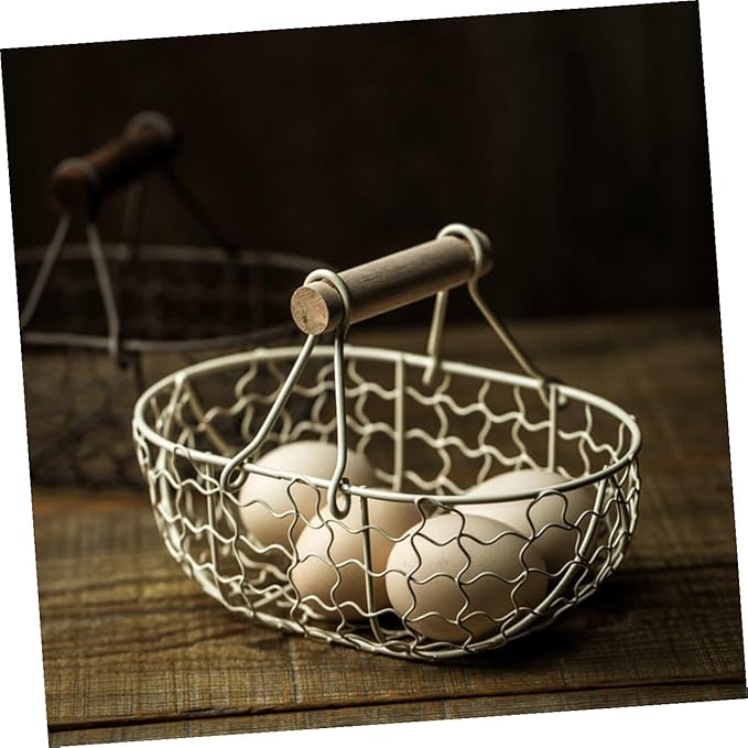 Garneck 2pcs Vintage Iron Storage Basket with Wooden Handles, Rustic Farmhouse Style Fruit and Bread Basket for Kitchen Countertop, Household Egg and Vegetable Organizer in Dark Gray