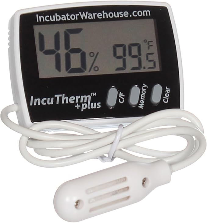 Incubator Warehouse IncuTherm™ Plus Digital Thermometer and Hygrometer for Egg Incubator - Large Digital Display with Min/Max Memory - Remote Probe - Reads Celsius and Fahrenheit +/-1° 1109 IWTH01