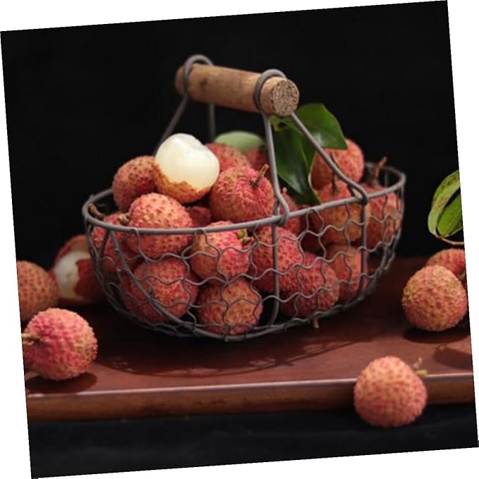 2pcs Wooden Handle Metal Mesh Storage Baskets Vintage Farmhouse Style Kitchen Fruit Vegetable Organizer Egg Gathering Basket Set