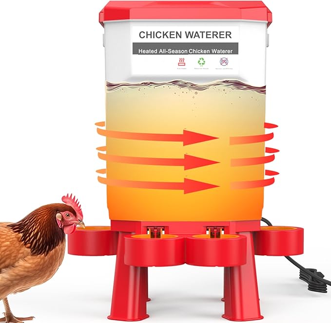Hanging Heated Chicken Waterer, 3 Gallon Plastic Chicken Water Heater Heated Poultry Drinker, Detachable Legs, Winter and Summer Dual-use, Poultry Water Heater for Chicken Goose Duck - Red
