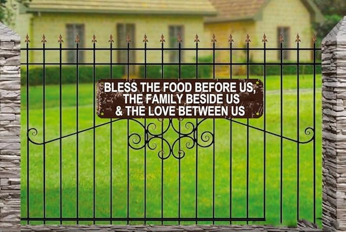 Rustic Blessing Sign 16x4 Inch - "Bless the Food Before Us, The Family Beside Us and the Love Between Us" Farmhouse Metal Wall Decor for Kitchen, Dining Room