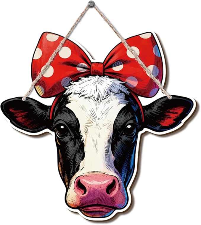 Farmhouse Wall Decor, Cow Head with Polka Dot Bow Wood Sign, Rustic Cartoon Painting Style Farm Animal Hanging Plaque, Country Wall Art for Kitchen Dining Room or Kids Room, 10.2x9.8 Inches