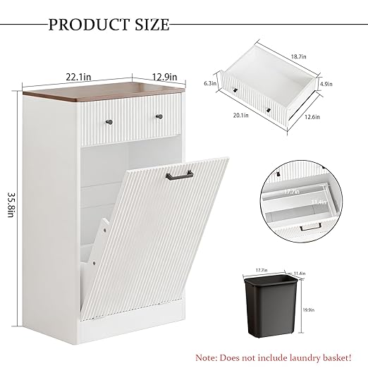 Single 10 Gallon Wood Grain Tilt-Down Trash Can Cabinet with Storage Drawer,Wood Grooved Recycling Cabinet with Wave Texture Hidden Pull-Out Trash Can for Kitchen,Bathroom (Trash Can Cabinet-White)