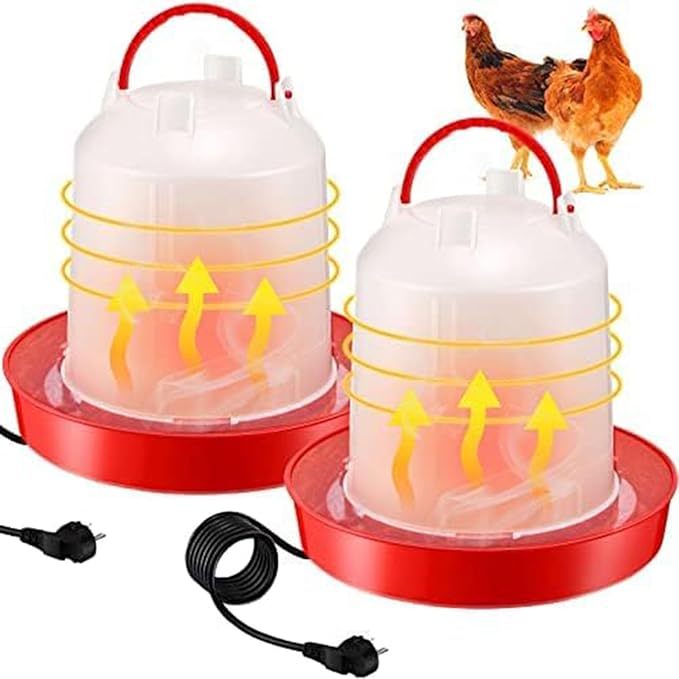 Heated Chicken Waterer, Thermostatically Controlled Heated 6L Outdoor Hanging Heated Poultry Waterer, Chicken Water Heater for Winter Chickens Duck Goose Turkey Coop (red_2pcs, 11.02inch)