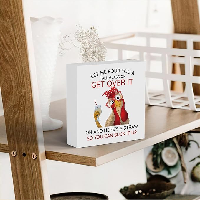 Rooster Decor Motivational Rooster Kitchen Decoration Inspirational Desk Office Decor for Women Farm Animal Decoration Wooden Box Decor Sign for Home Bedroom Classroom Shelf Table