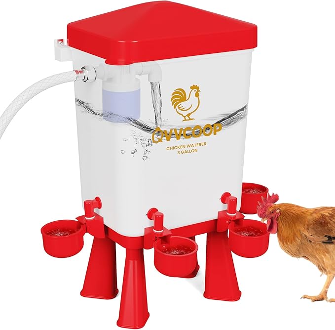 Automatic Chicken Waterer with Float Valve, Float Control Poultry Waterer with Hose for Duck Turkey, Chicken Coop Accessories, Standing/Hang Use, 3 Gallon(Upgraded), Red