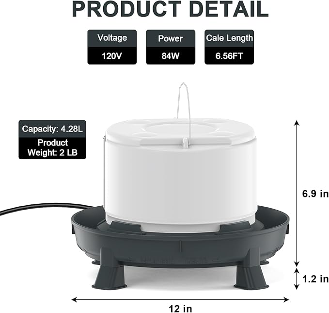 4.28L Heated Chicken Waterer for Winter, 84W Freeze-Proof Chicken Water Heater with Thermostat Control, Heated Poultry Waterer for Chicks Turkey Goose Duck Pigeon, Detachable Legs,Hanging/Standing Use